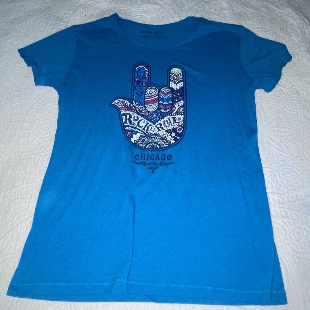 Hard Rock Cafe Chicago Rock & Roll Teal Short Sleeve T-Shirt Women's Size‎ XL